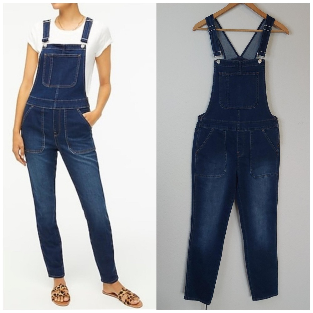 J.Crew Dark Wash Side Zip Blue Denim‎ Overalls Size Medium